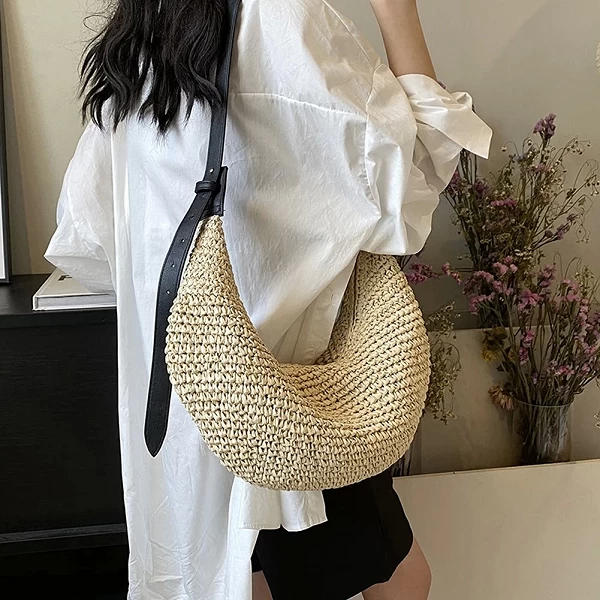 Sac demi-lune tissé en paille pour femme, sac initié au tissage, fourre-tout de grande capacité, pocommuniste, fermeture à gliss|13,49 €|OKKO MODE