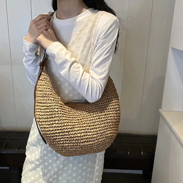 Sac demi-lune tissé en paille pour femme, sac initié au tissage, fourre-tout de grande capacité, pocommuniste, fermeture à gliss|13,49 €|OKKO MODE