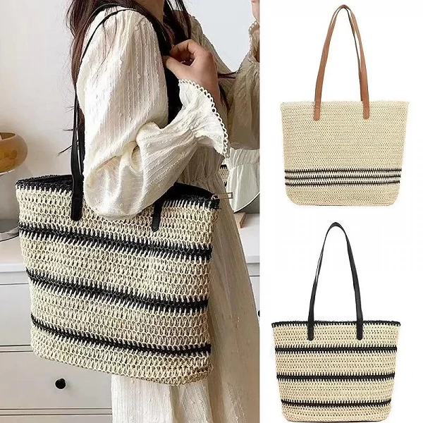 Sac en Paille Tissé à Rayures Simples pour Femme - Accessoire Élégant de Printemps|13,05 €|OKKO MODE