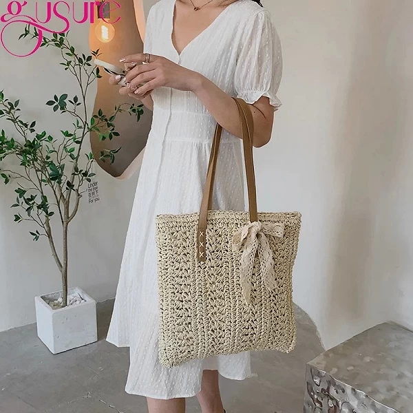 Sac à main tissé en paille Gusure pour femmes - Fourre-tout plage, voyage, shopping【Okko-mode】|13,49 €|OKKO MODE