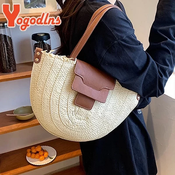 Sac en paille semi-circulaire rétro pour femme - Sac de plage tissé à la main|15,05 €|OKKO MODE