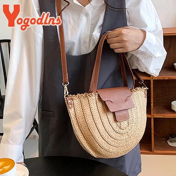 Sac en paille semi-circulaire rétro pour femme - Sac de plage tissé à la main|15,05 €|OKKO MODE