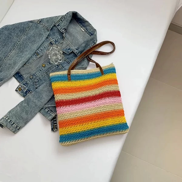 Sac tissé en paille à rayures colorées - Accessoire décontracté et tendance|1,95 €|OKKO MODE