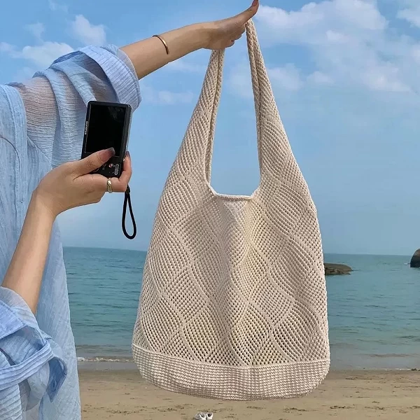 Sac en crochet tissé creux de grande capacité pour femmes et filles - Sac fourre-tout monochromatique à la mode|10,08 €|OKKO MODE