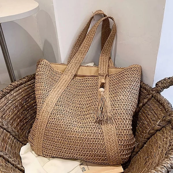 Sac en paille d'été tissé à la main pour femme - Sac fourre-tout de grande capacité avec pompon|8,32 €|OKKO MODE