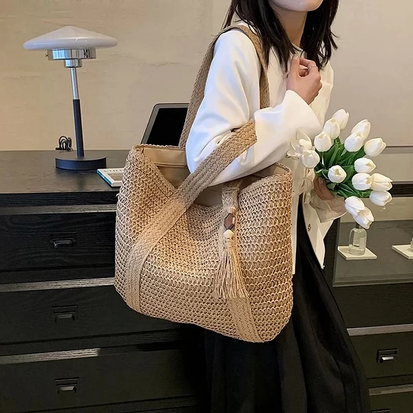 Sac en paille d'été tissé à la main pour femme - Sac fourre-tout de grande capacité avec pompon|8,32 €|OKKO MODE