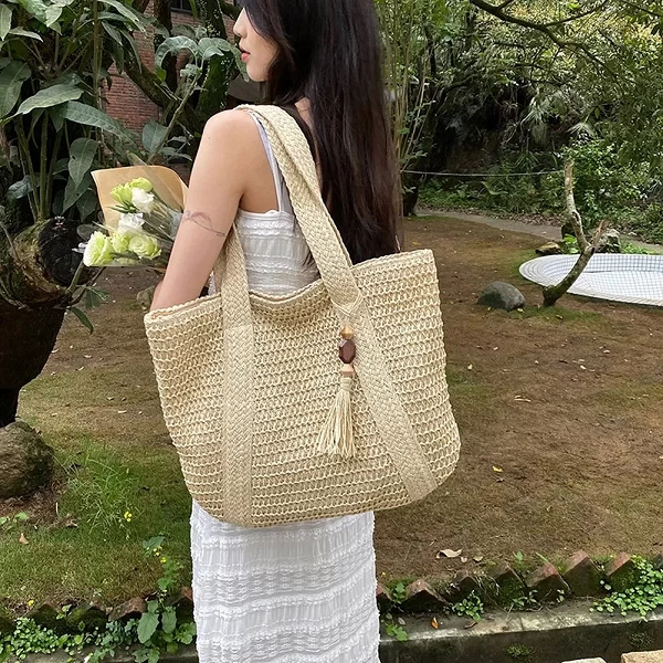 Sac en paille d'été tissé à la main pour femme - Sac fourre-tout de grande capacité avec pompon|8,32 €|OKKO MODE