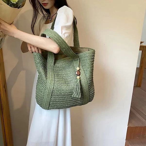 Sac en paille d'été tissé à la main pour femme - Sac fourre-tout de grande capacité avec pompon|8,32 €|OKKO MODE