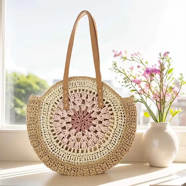 Sac fourre-tout rond en paille tissée ChimLarge pour femmes - Accessoire de plage chic et pratique|6,96 €|OKKO MODE