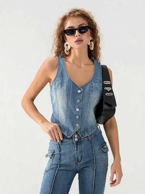 Gilets en denim femme, col V, boutonnés - Streetwear grunge