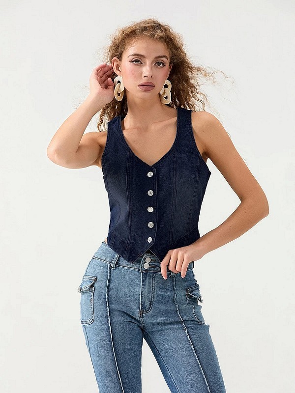 Gilets en denim femme, col en fibre de V, gilets boutonnés, Crop Y, Streetwear, vêtements grunge|7,97 €|OKKO MODE