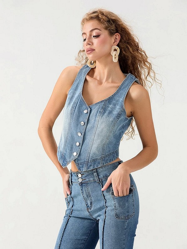 Gilets en denim femme, col en fibre de V, gilets boutonnés, Crop Y, Streetwear, vêtements grunge|7,97 €|OKKO MODE