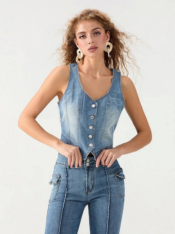 Gilets en denim femme, col en fibre de V, gilets boutonnés, Crop Y, Streetwear, vêtements grunge|7,97 €|OKKO MODE