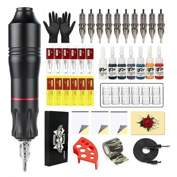 Kit de machine à tatouer professionnelle, stylo à distance DC Jack avec cartouche 10 pièces, encre pour ensembles intérieurs May|25,74 €|OKKO MODE