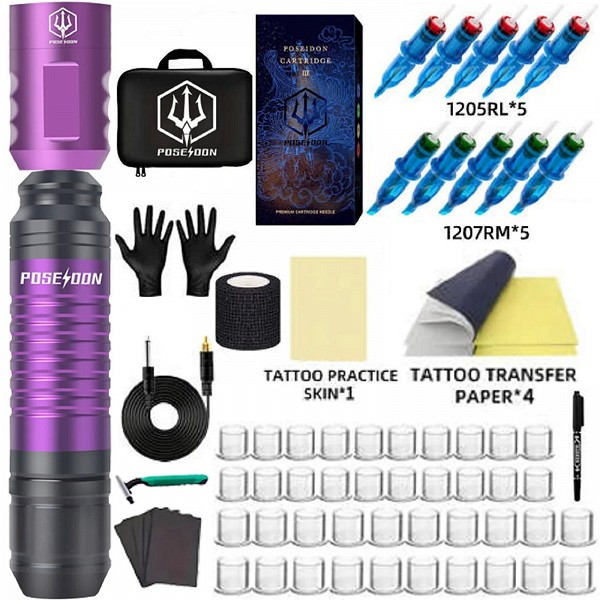 POSEIDON-Kit de stylo de tatouage pour débutants, kit de pratique de tatouage, alimentation sans fil, interface RCA, machine à t|40,88 €|OKKO MODE