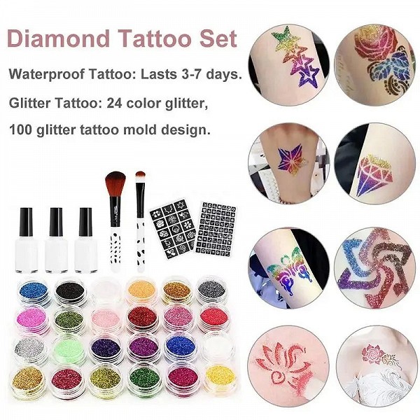 Ensemble de 24 modèles de tatouage pour enfants et adultes, motif de tatouage imperméable coloré, paillettes peintes, diamant sc|13,00 €|OKKO MODE