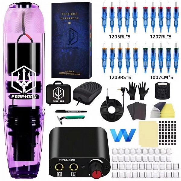 Kit de stylo de tatouage, machine à tatouer POSEIDON avec alimentation, interface RCA, aiguilles à tatouer, stylo électrique|32,96 €|OKKO MODE