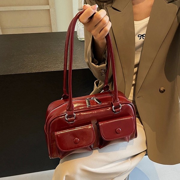 Sac à Main Rétro en Cuir Verni Rouge pour Femme, Sacoche Hobo, Multi-Poches, de Luxe, de Styliste, Sous-Aisselles, Fourre-Tout|17,15 €|OKKO MODE