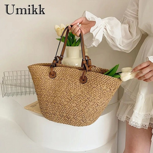 Sac fourre-tout tissé de grande capacité pour femmes, sacs de plage d'été, sac carillon tressé, sac hobo chic pour les voyages e|17,09 €|OKKO MODE