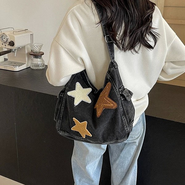 Star Denim Hobo Sac à main pour femme, grande capacité, fermeture éclair, sangle réglable, sac à main initié décontracté, multi-|16,00 €|OKKO MODE