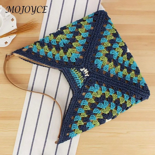 Sacs à main creux Crochet Hobo pour femmes, sac grand-mère, patchwork, fermeture à moraillon, voyage en plein air, grande capaci|10,79 €|OKKO MODE