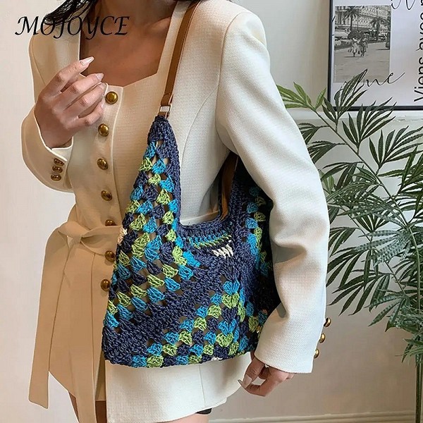 Sacs à main creux Crochet Hobo pour femmes, sac grand-mère, patchwork, fermeture à moraillon, voyage en plein air, grande capaci|10,79 €|OKKO MODE