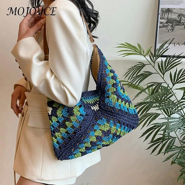 Sacs à main creux Crochet Hobo pour femmes, sac grand-mère, patchwork, fermeture à moraillon, voyage en plein air, grande capaci|10,79 €|OKKO MODE