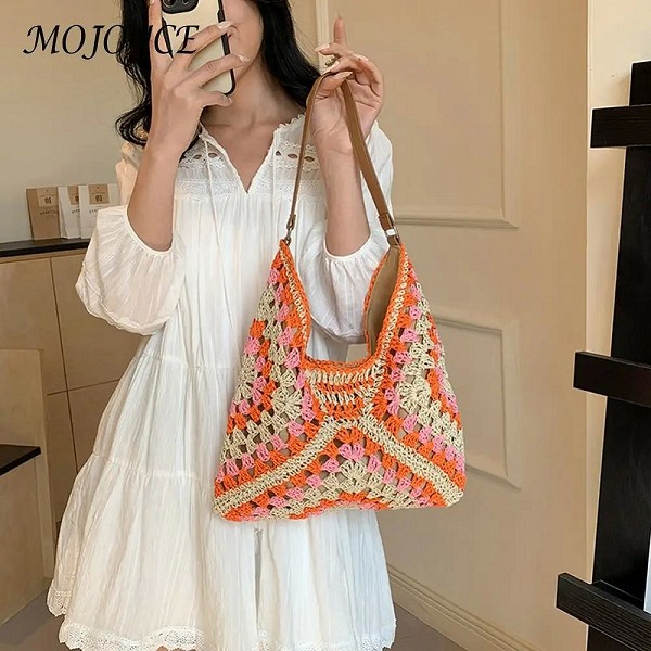 Sacs à main creux Crochet Hobo pour femmes, sac grand-mère, patchwork, fermeture à moraillon, voyage en plein air, grande capaci|10,79 €|OKKO MODE