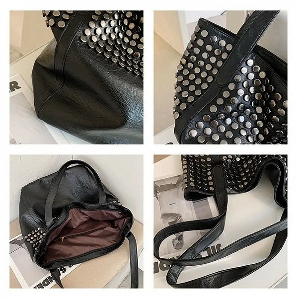 Sac à Main de Grande Capacité à Rivets pour Femme, Souple, Décontracté, Noir, Shopping, Hobo, Fourre-Tout de Voyage|23,91 €|OKKO MODE