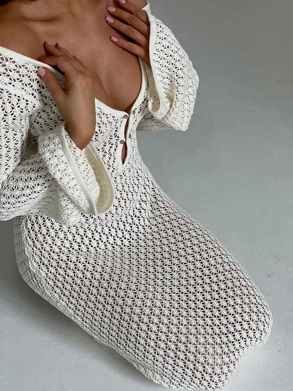 Robe de plage dos nu à manches longues en tricot blanc pour femmes, Cover-up Bikini|16,11 €|OKKO MODE