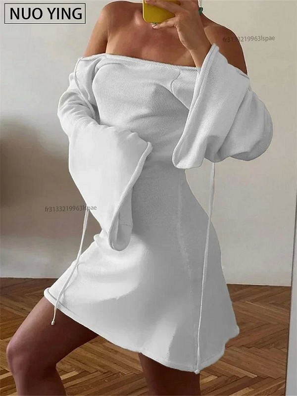 Mini robe dos nu à manches longues pour femmes, couleur unie, tenue décontractée pour la plage, le club, fête fille