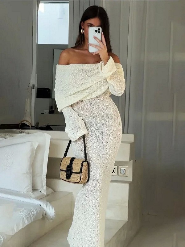 Knit Openwork Sleeve Transparent Women's Holiday Beachwear