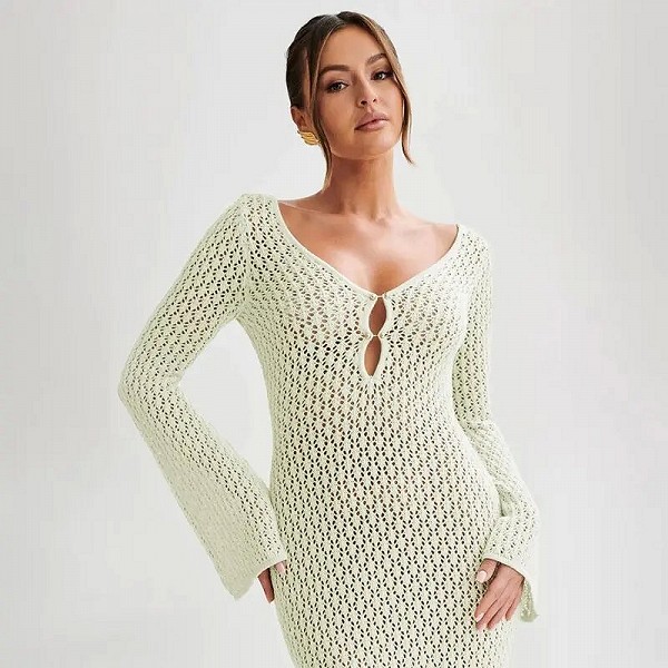 Robe de plage dos nu à manches longues en tricot blanc pour femmes, Cover-up Bikin, See-Through, Deep V-Neck, Hollow-Out, Tricot|17,85 €|OKKO MODE