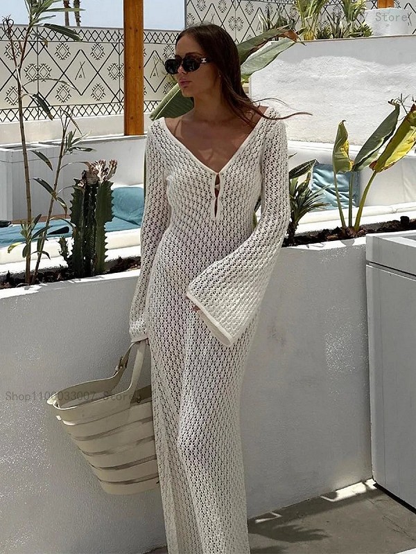 Robe de plage dos nu à manches longues en tricot blanc pour femmes, Cover-up Bikin, See-Through, Deep V-Neck, Hollow-Out, Tricot|17,85 €|OKKO MODE