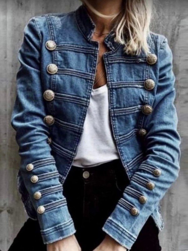 Casaco de denim feminino abotoadura dupla