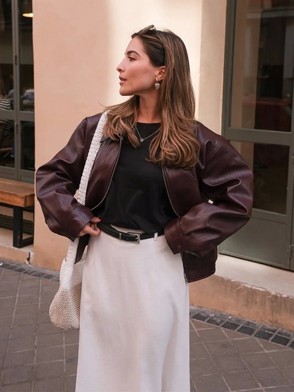 Veste courte à manches longues en simili cuir femme, veste zippée à revers manteau court, vêtements à la mode 2024|19,78 €|OKKO MODE