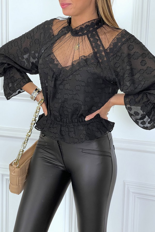 Blouse noire en dentelle à col haut avec élastique à la taille et manches - 8