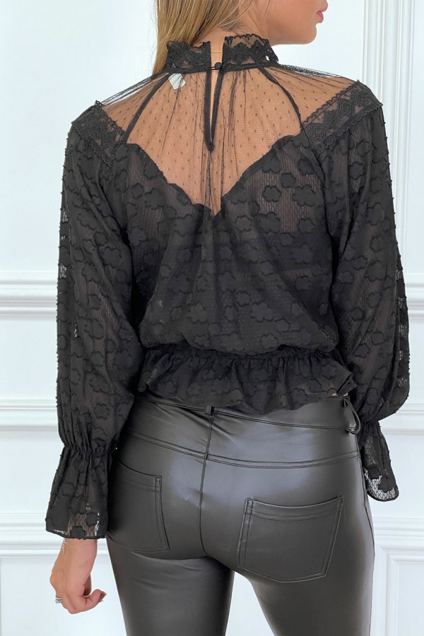 Blouse noire en dentelle à col haut avec élastique à la taille et manches - 10