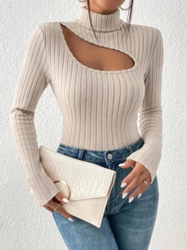 Pull beige à col roulé évidé à manches longues pour femmes, coupe ouverte sur l'avant, printemps|8,09 €|OKKO MODE