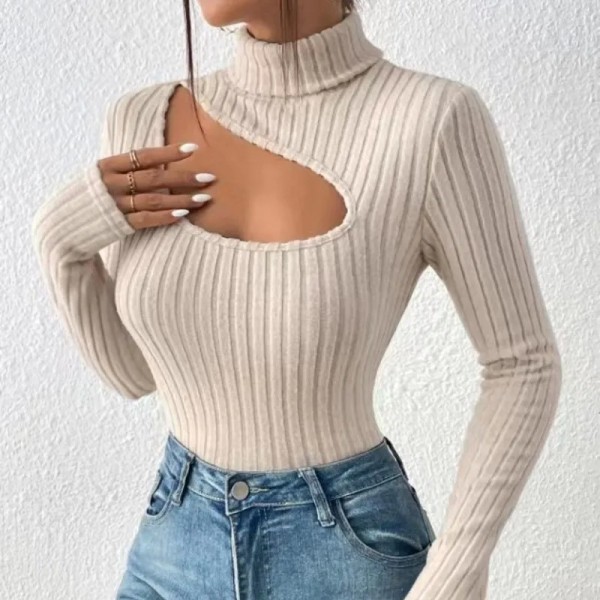 Pull beige col roulé manches longues femme, coupe ouverte avant