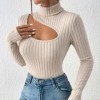 Pull beige à col roulé évidé à manches longues pour femmes, coupe ouverte sur l'avant, printemps|8,09 €|OKKO MODE