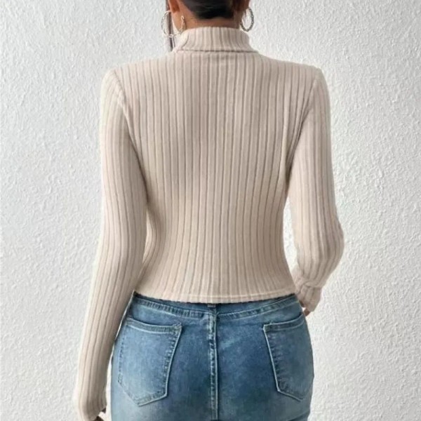 Pull beige à col roulé évidé à manches longues pour femmes, coupe ouverte sur l'avant, printemps|8,09 €|OKKO MODE