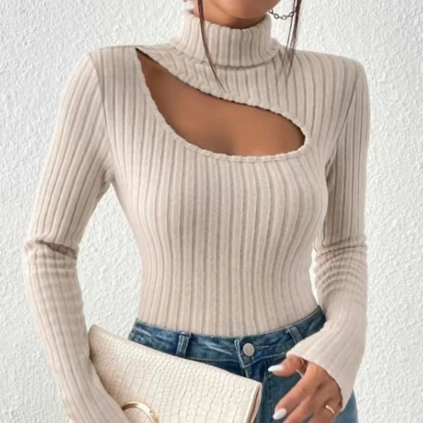 Pull beige à col roulé évidé à manches longues pour femmes, coupe ouverte sur l'avant, printemps|8,09 €|OKKO MODE