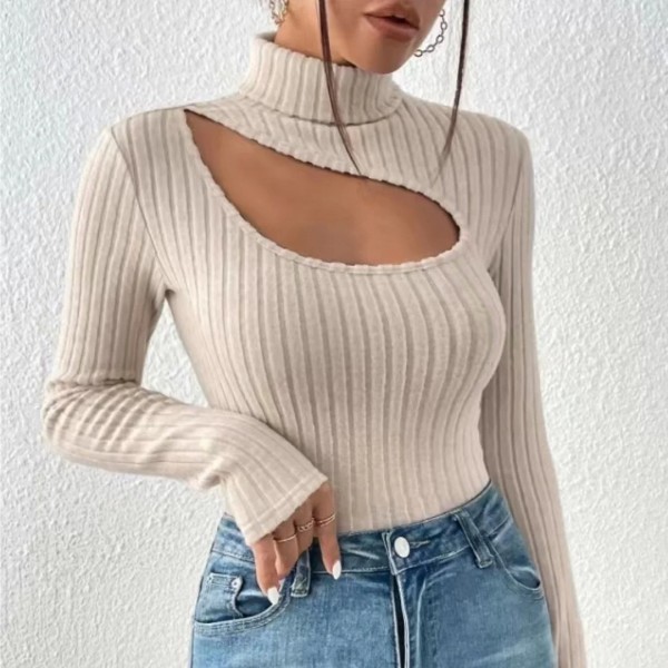 Pull beige à col roulé évidé à manches longues pour femmes, coupe ouverte sur l'avant, printemps|8,09 €|OKKO MODE