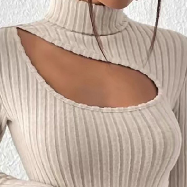 Pull beige à col roulé évidé à manches longues pour femmes, coupe ouverte sur l'avant, printemps|8,09 €|OKKO MODE