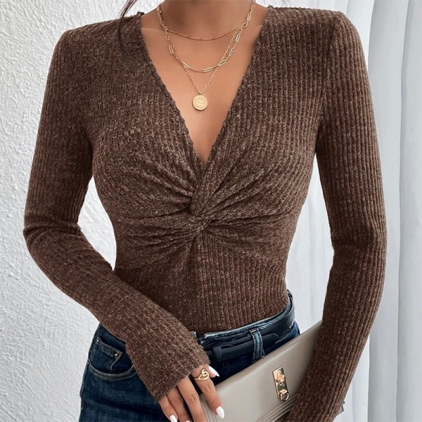 Pull croisé cœur manches longues col V automne chaud - marron/rose