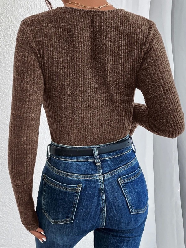 Pull cœur croisé à manches longues et col en V chaud, vêtements d'automne marron ou rose|14,39 €|OKKO MODE