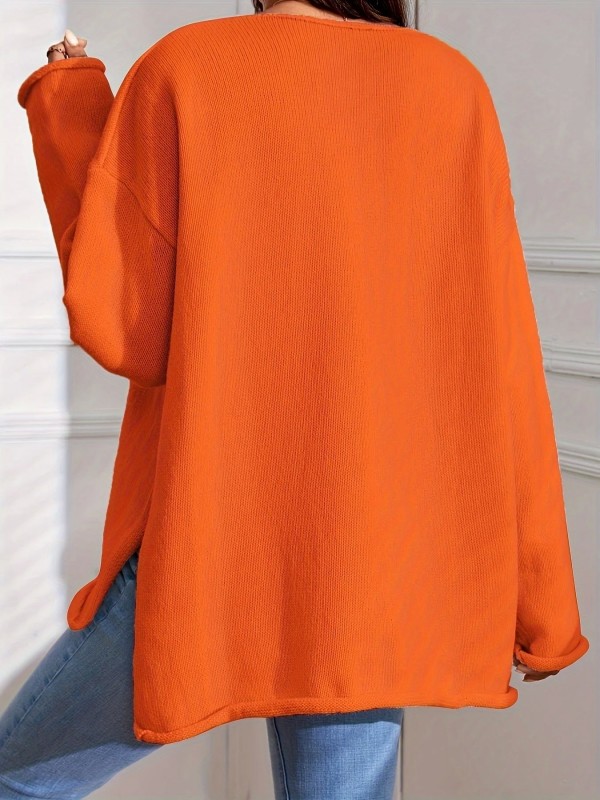 Pull orange en tricot à col en V à manches longues et ourlet plongeant, vêtements pour femmes|12,59 €|OKKO MODE