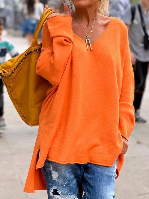 Pull orange en tricot à col en V à manches longues et ourlet plongeant, vêtements pour femmes|12,59 €|OKKO MODE