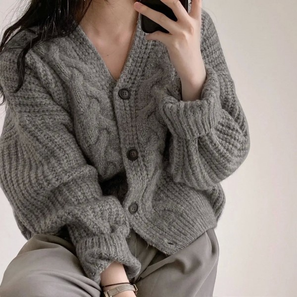 Cardigan rose à col en V rose fille, pull gris à manches longues, beige tricoté, automne hiver|16,19 €|OKKO MODE